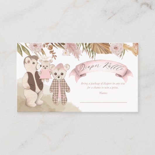 Boho Bear家族女の子ベビーシャワーおむつラッフル エンクロージャーカード (正面)