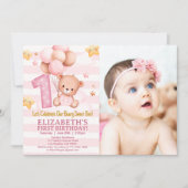 Boho Bear 1st Birthday Girl with Photo  招待状 (正面)