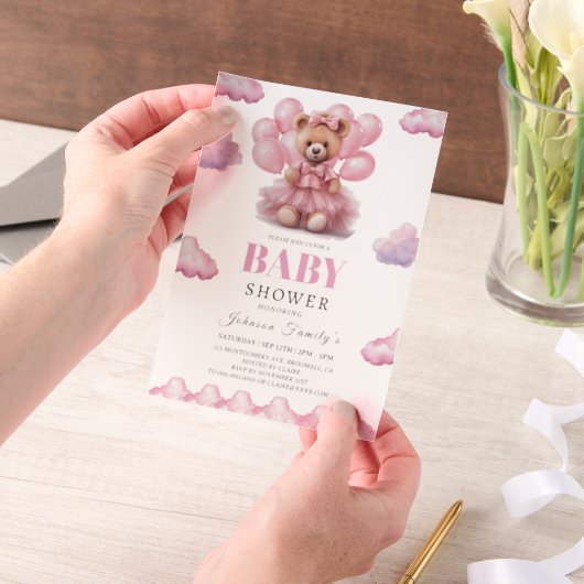 Boho bear baby girl pink babyshower ベラム紙招待状 (ポータブル)