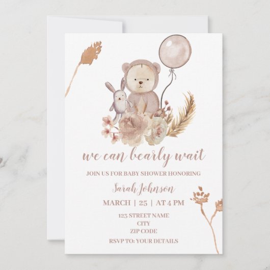 boho bear baby shower 招待状 (正面)