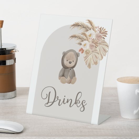 Boho Bear Pampas Grass Baby Shower Drinks 台座サイン (インサイチュ)