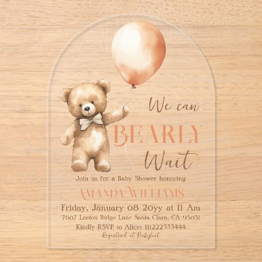 Boho Bearly待ち熊男女兼用赤ちゃんシャワー アクリル招待状 (正面)