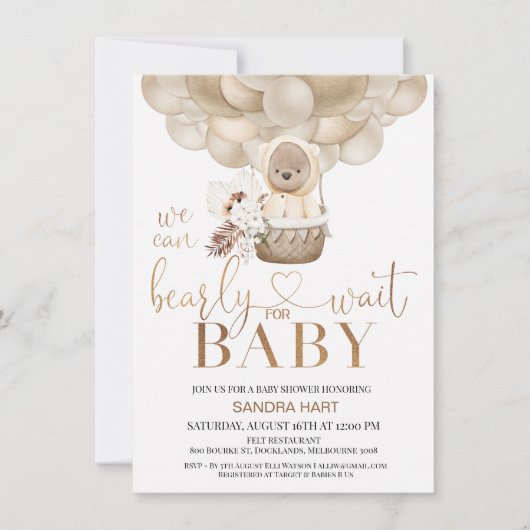 Boho Bearly男女兼用 Wait赤ちゃんシャワー 招待状 (正面)