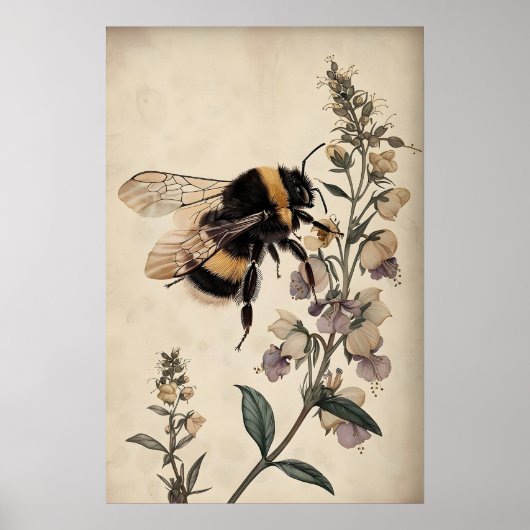 Boho Bee In Purple Flower Print, Moody Bumblebee ポスター (正面)