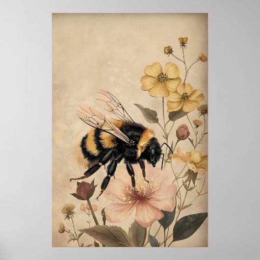 Boho Bee In Yellow Flower Print, Botanical Wall ポスター (正面)