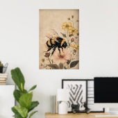 Boho Bee In Yellow Flower Print, Botanical Wall ポスター (ホームオフィス)