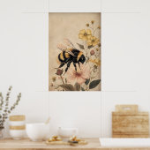 Boho Bee In Yellow Flower Print, Botanical Wall ポスター (キッチン)