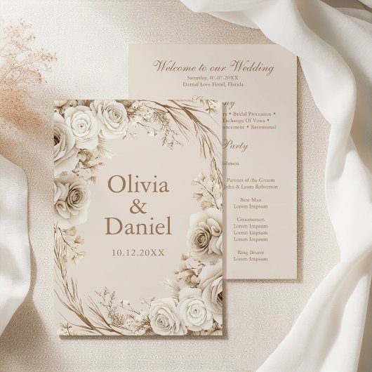 Boho Beigeドライフラワーと白いバラ結婚ズ プログラム