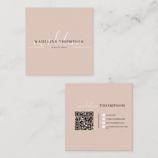 Boho Beige Calligraphy Script QR code スクエア名刺 (正面/裏面)