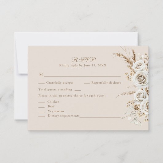 Boho Beige Dried Flower and White Roses Wedding 出欠カード (正面)