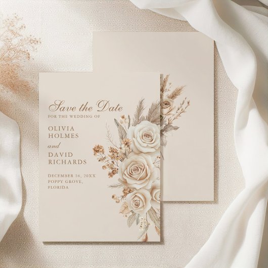 Boho Beige Dried Flowers and Roses Wedding  セーブザデート