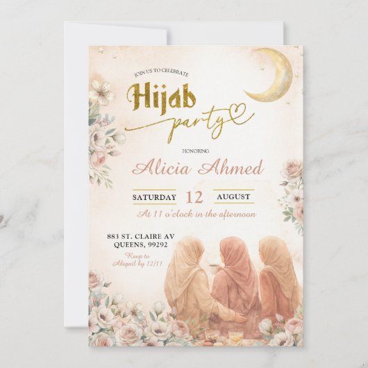 Boho Beige Floral Hijab Party 招待状 (正面)