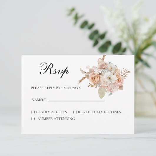 Boho beige floral RSVP card (スタンド正面)