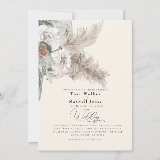 Boho Beige Pampas No 結婚 Parents's 招待状 (正面)
