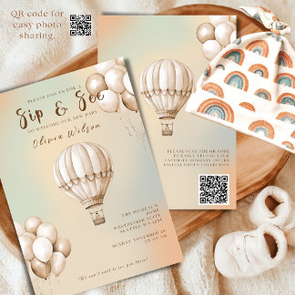 Boho Beige Sip and See Invitation with QR Code 招待状