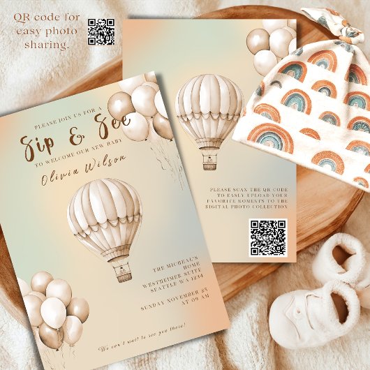 Boho Beige Sip and See Invitation with QR Code  招待状