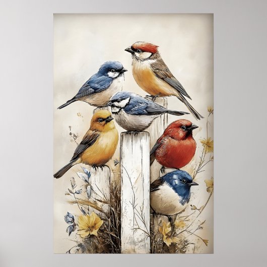 Boho Birds On Fence Print, Bird Rustic Nursery ポスター (正面)