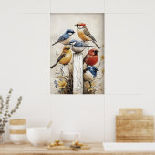 Boho Birds On Fence Print, Bird Rustic Nursery ポスター (キッチン)