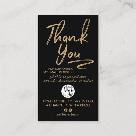 Boho Black and Gold Script Photo Thank You Logo 名刺 (正面)