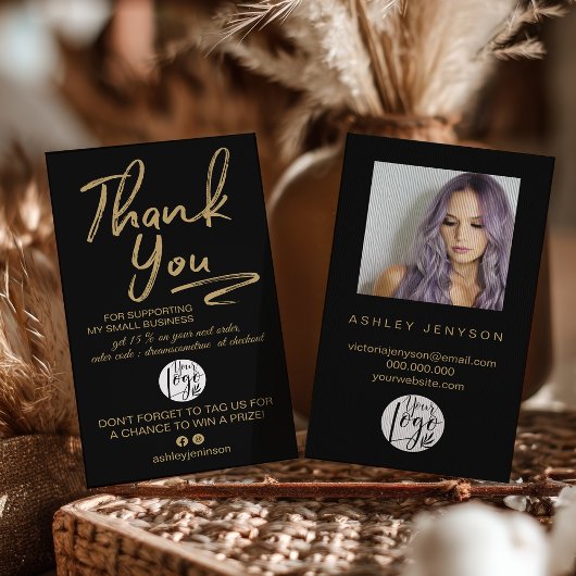 Boho Black and Gold Script Photo Thank You Logo 名刺