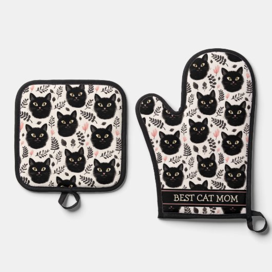 Boho Black Cats and 離れ Cats  Pattern最高の Mom. 鍋つかみ&鍋敷きセット (正面)