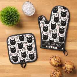 Boho Black Cats and 離れ Cats Pattern最高の Mom. 鍋つかみ&鍋敷きセット