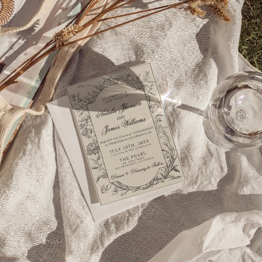 Boho Black Cream Floral Botanical QR Code Wedding 招待状