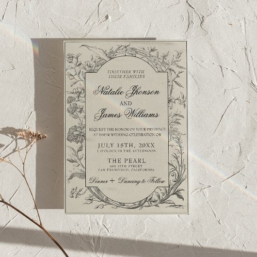 Boho Black Cream Floral Botanical QR Code Wedding 招待状