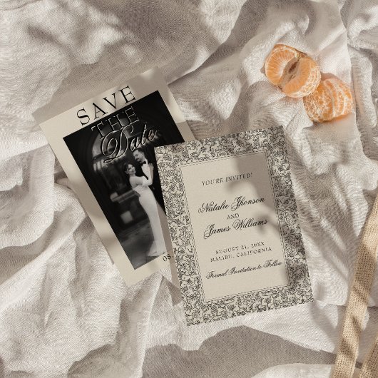 Boho Black Cream Floral Photo Botanical Wedding  セーブザデート