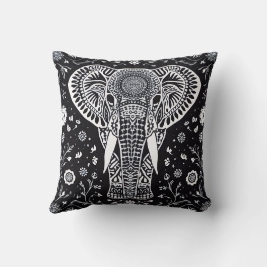 Boho Black & White Batik Elephant クッション (裏面)