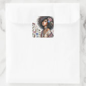 Boho Black Woman With Curly Hair Watercolor スクエアシール (バッグ)