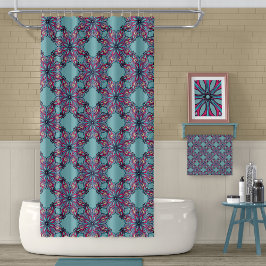 Boho Bloom Shower Curtain in Aqua Blue シャワーカーテン