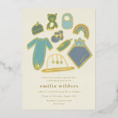 Boho Blueアイコン生まれたばかりのが赤ちゃんシャワー金ゴールドを表示 箔招待状 (正面)