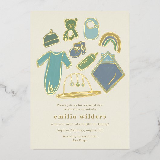 Boho Blueアイコン生まれたばかりのが赤ちゃんシャワー金ゴールドを表示 箔招待状 (正面)