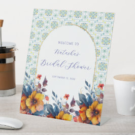 Boho Blueタイルイタリアンフローラウェルカムサイン 台座サイン