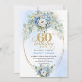 Boho Blue and gold peony floral chic 60th birthday 招待状 (正面)