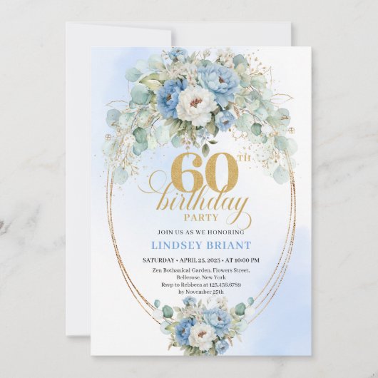Boho Blue and gold peony floral chic 60th birthday 招待状 (正面)