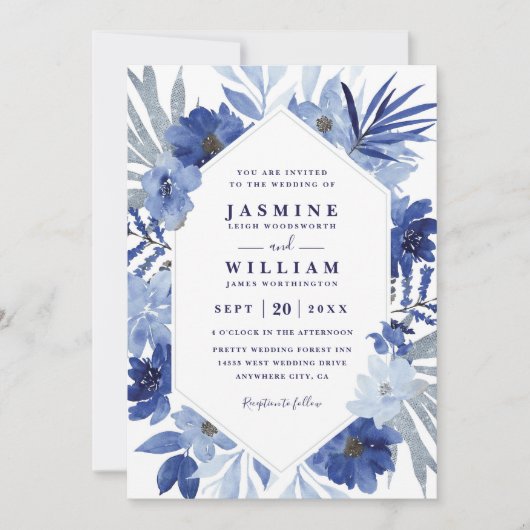 Boho Blue Bouquet Floral Elegant QR Code Wedding 招待状 (正面)