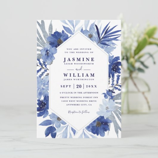 Boho Blue Bouquet Floral Elegant QR Code Wedding 招待状 (スタンド正面)