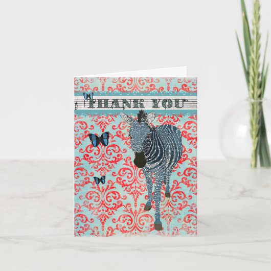 Boho Blue Butterflies & Zebra Thank You Card サンキューカード (正面)