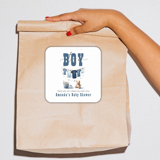 Boho Blue Clothesline Sweet Its a Boy Baby Shower スクエアシール