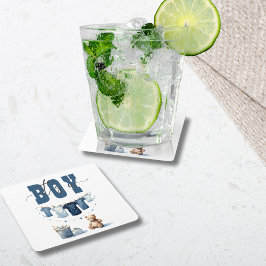 Boho Blue Clothesline Sweet Its a Boy Baby Shower スクエアペーパーコースター