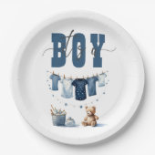 Boho Blue Clothesline Sweet Its a Boy Baby Shower ペーパープレート (正面)