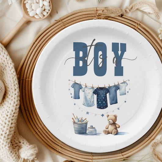 Boho Blue Clothesline Sweet Its a Boy Baby Shower ペーパープレート