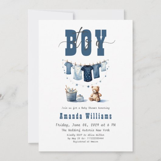 Boho Blue Clothesline Sweet Its a Boy Baby Shower 招待状 (正面)