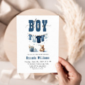 Boho Blue Clothesline Sweet Its a Boy Baby Shower 招待状