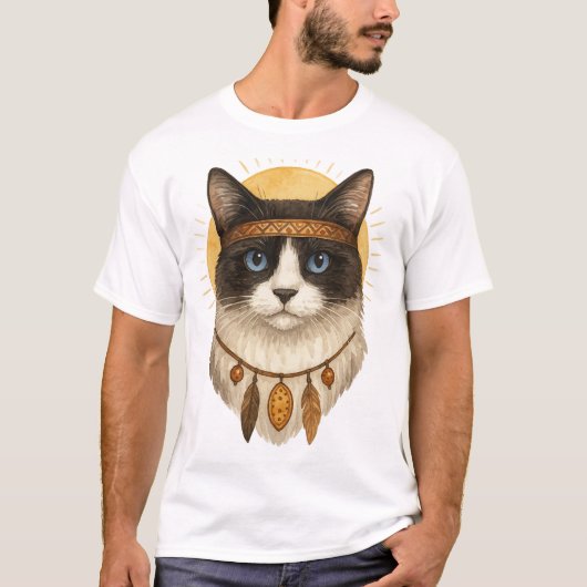Boho Blue-Eyed Cat Dreamcatcher Graphic T-Shirt Tシャツ (正面)