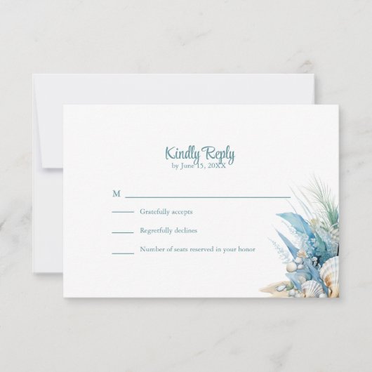 Boho Blue Floral Beach and Shell Wedding RSVP Card (正面)