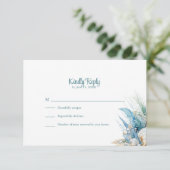 Boho Blue Floral Beach and Shell Wedding RSVP Card (スタンド正面)