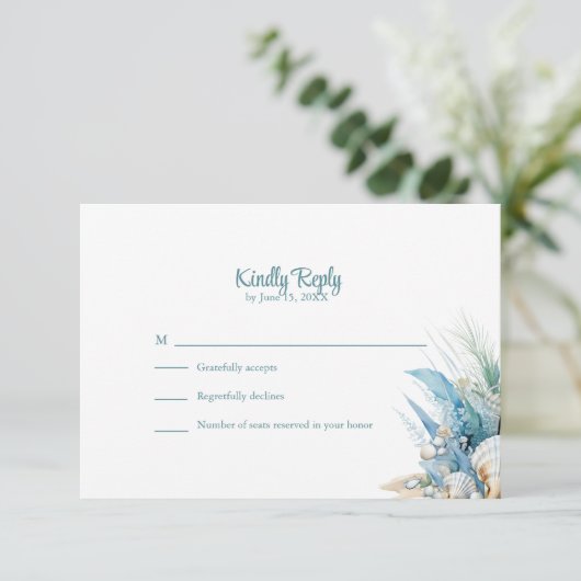 Boho Blue Floral Beach and Shell Wedding RSVP Card (スタンド正面)